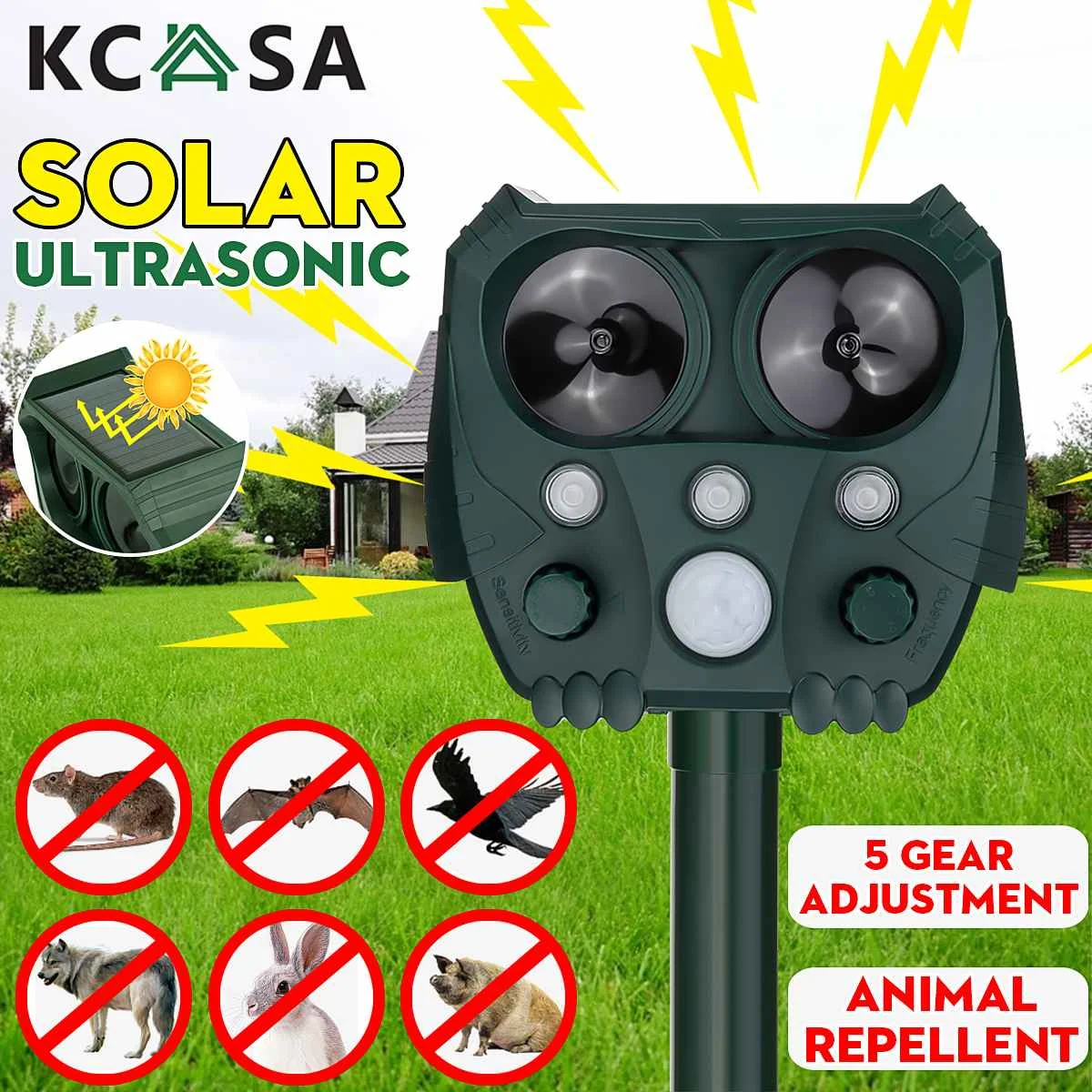 

KCASA Solar Ultrasonic Animal Repeller Outdoor Garden Waterproof Pest Repeller Snake Cat Dog Bird Dispeller Keep Animals Away
