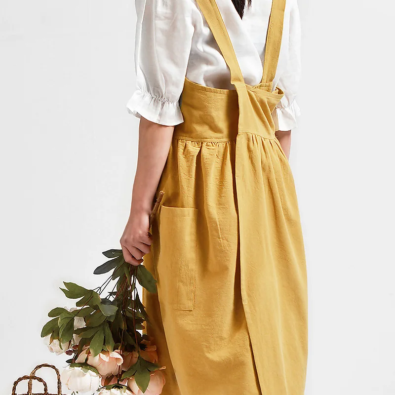 Medieval Washed Cotton Linen Kitchen Apron for Cooking Baking Flower Shop Ruffles Work Clean Apron for Woman Uniform Lady Dress
