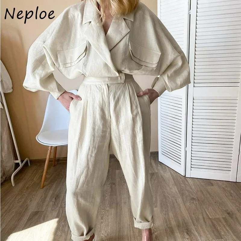 Элегантные хлопковые льняные брюки Neploe женская одежда костюм рубашка с длинным