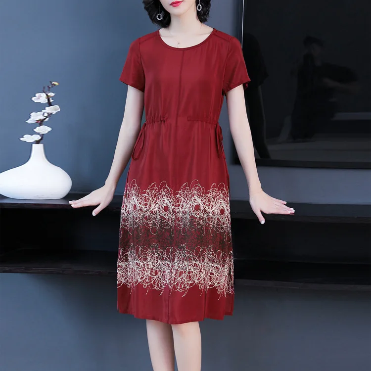 

Middle-aged Mom Dress Women's 2019 Summer New Style Women's Crew Neck Short Sleeve Lace-up Waist Hugging Mulberry Silk Loose-Fit