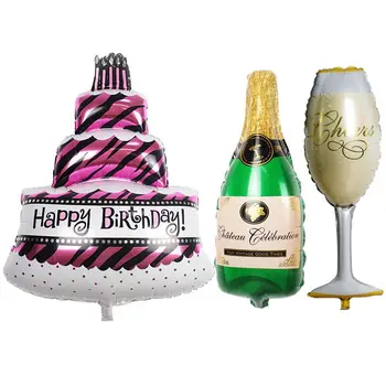 

New Large Birthday Party Balloons Set of 3 - Cake - Champagne, Bottle and Glass Shapes - By