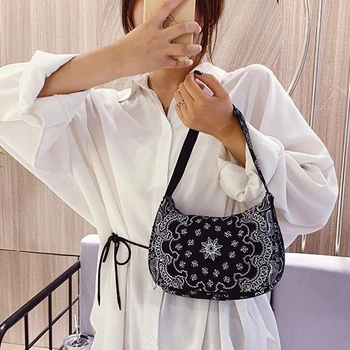 

Vintage Print National Women Handbag Portable Creative Design Chic Canvas Black Baguette Small Underarm Shoulder Tote Bags