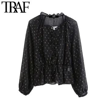 

TRAF Women Vintage Stylish Transparent Ruffled Chiffon Blouses Fashion Lantern Sleeve See Through Shirts Blusas Mujer Chic Tops