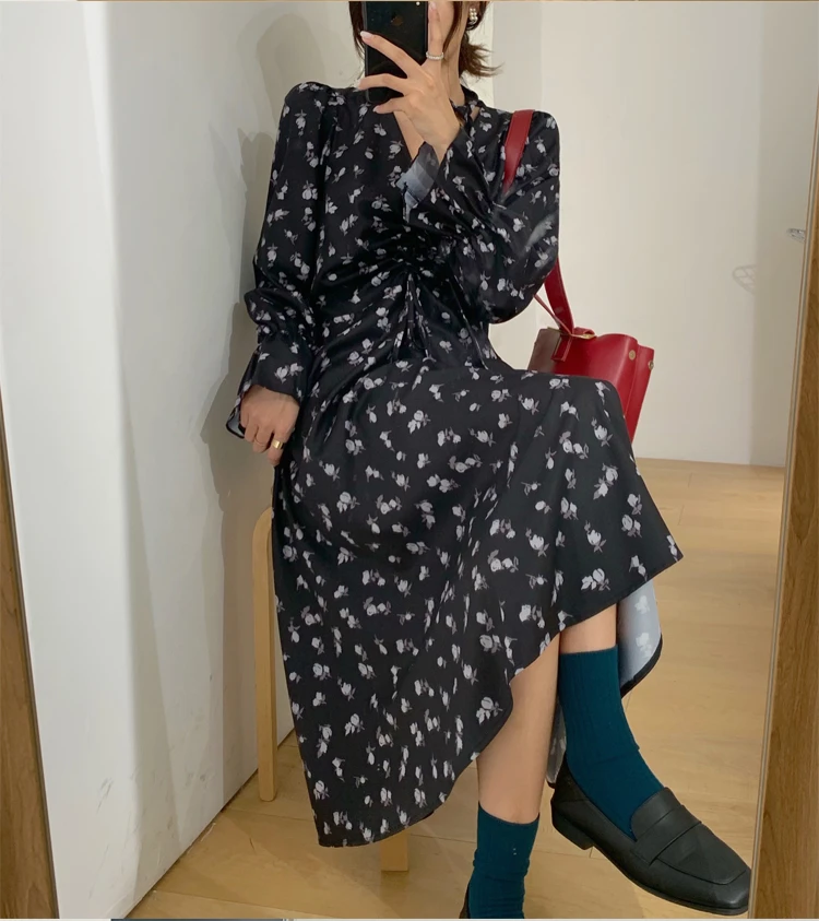 2020 New Autumn Female Chiffon Long Dress Women Long Sleeve Holiday Boho Beach Dress Vintage Floral Print Party Vestidos Robe