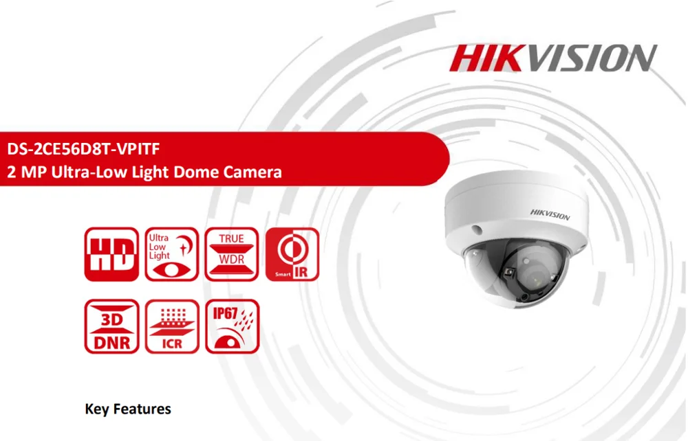 

Hikvision DS-2CE56D8T-VPITF 2MP Ultra-Low Light Dome CCTV Camera IP67, IK10 turbo HD security camera 30m IR