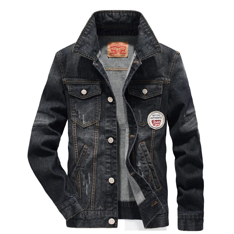 Черный KIMSERE Мужская Повседневная Классическая джинсовая куртка водителя грузовика с нашивками модные джинсы с потертостями Куртка Верхняя одежда для мужчин размер M-4XL - Цвет: Черный