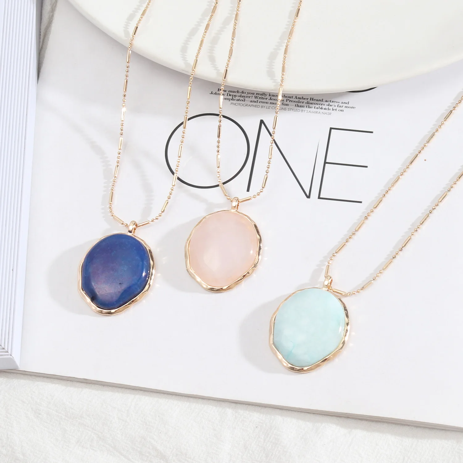 

18K Gold Plated Natural Semi-precious Stones Matellic Border Pendant Necklaces Sweater Chains Newest Jewelry