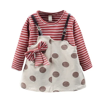 

Polka Dot Print Girls Dress Autumn Casual Baby Girls Striped Long Sleeve Fake 2 Piece Dress Kids Sundress With Bowknot