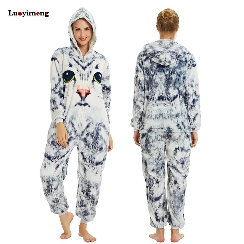 Единорог комбинезоны для взрослых пижамы животных Женские костюмы панды зимние фланелевые пижамы кигуруми ночная рубашка единорог пижамы комбинезоны - Цвет: 3D cat