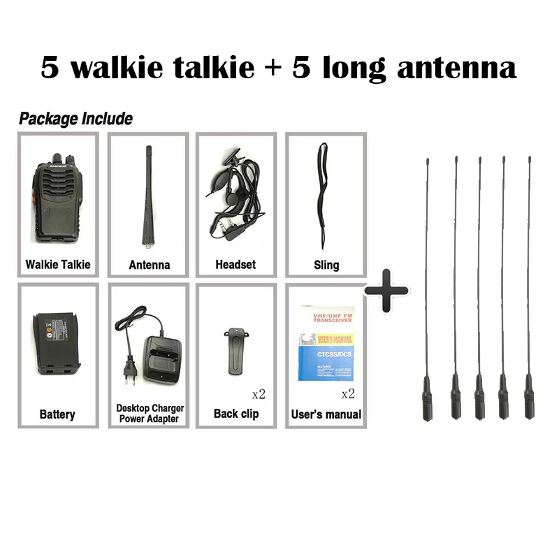 5 шт. Baofeng BF-888S рация 5 Вт 16CH UHF 400470 МГц двухстороннее радио портативное BF 888S радио Comunicador BF888s HF Радио Telsiz - Цвет: Add 5 long antenna