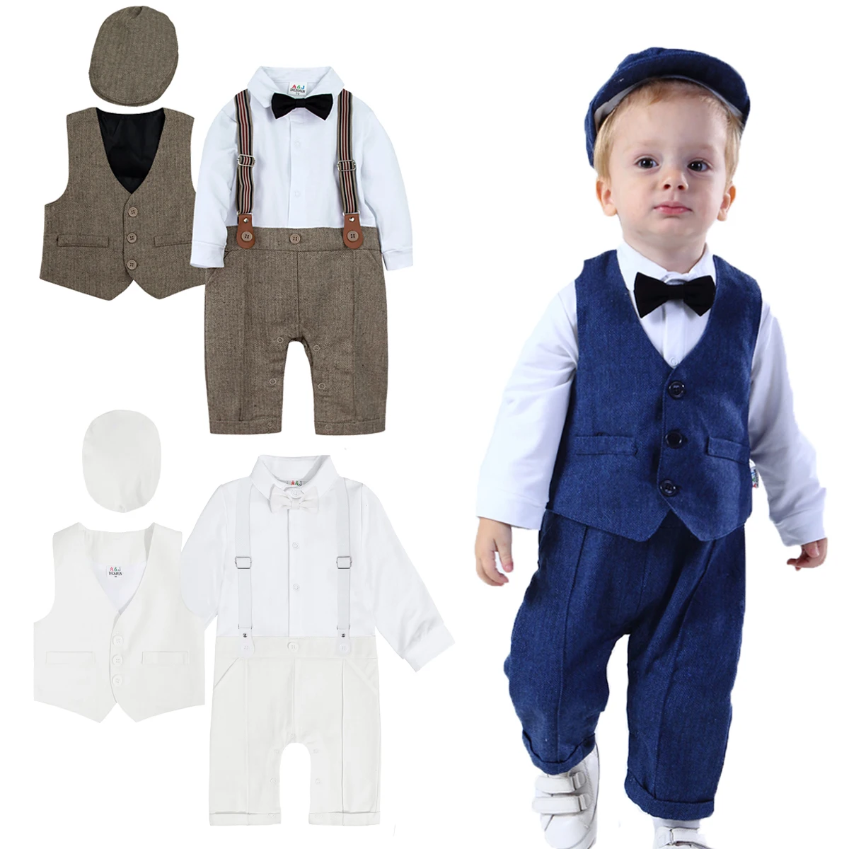 Baby Boy Wedding Christening Tuxedo Suit Bowtie Romper One Piece Outfit Clothes 