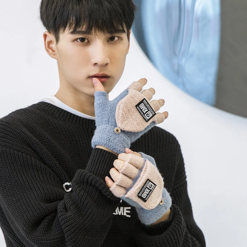 Зимние мужские перчатки без пальцев, толстые теплые варежки Luvas Handschuhe Guantes для студентов и мальчиков, рождественский подарок - Цвет: G107 light blue