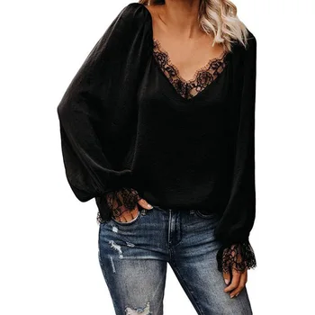 

Women Sweet Lace Stitching V-Neck Shirt Solid Lantern Long Sleeve Tops and Blouses 2020