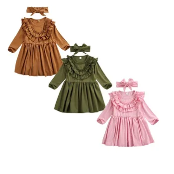 

1-6Y Toddler Kids Baby Girls Dress Ruffles Long Sleeve Solid Party Casual Dress Headband Clothes Outfits