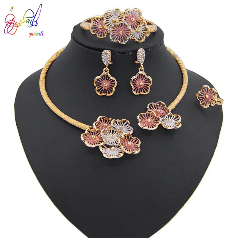 

Yulaili Trendy Women's Crystal Flower Wedding Jewelry Sets Gold Color Bridal Choker Necklace Pendant Earrings Bracelet Ring 4Pcs