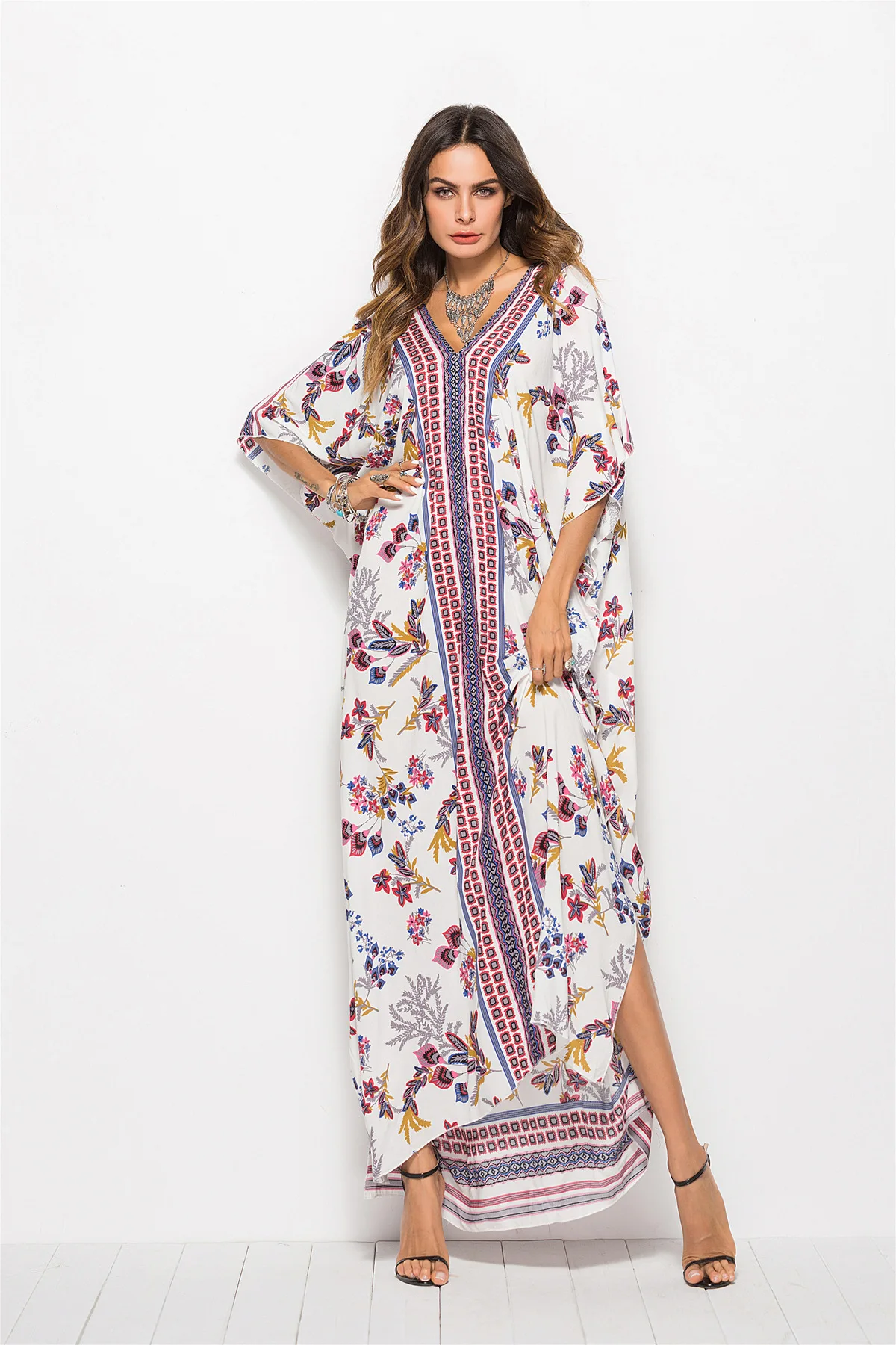 New Printed Bohemian Women Maxi Dress Batwing Sleeve Holiday Beach Wear Fashion Muslim Abaya Dubai Arabic Moroccan Robe VKDR1767