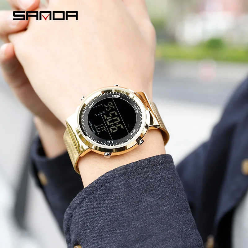 Reloj mujer роскошные золотые электронные наручные часы из нержавеющей стали модные женские мужские Цифровые Часы светодиодный водонепроницаемые спортивные часы