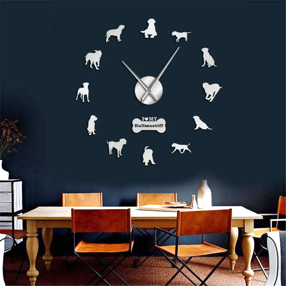 

3D Dog Breed Domestic Bullmastiff DIY Giant Silent Wall Clock Pet Shop Pet Clinic Wall Art Big Mute Watch Timepiece Home Decor