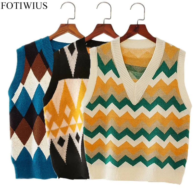 

Spring Autumn Knit Vest Women V-Neck Knitted Sweater Coat Sleeveless Striped Waistcoat Outwear Preppy Chalecos Para Mujer