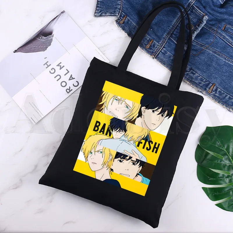 Anime Banana pescado gráfico de Anime de dibujos animados Harajuku negro impresión de la lona bolsas de compras de las vida de moda Casual paquete bolso de mano