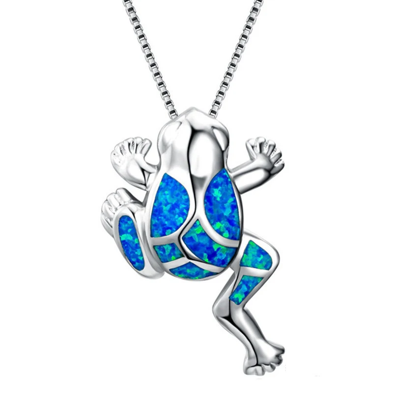 Unique Luxury Silver Color Frog Animal Charm Necklaces for Women Blue Fire Opal Pendant Necklace Men Party Gifts Jewelry | Украшения и