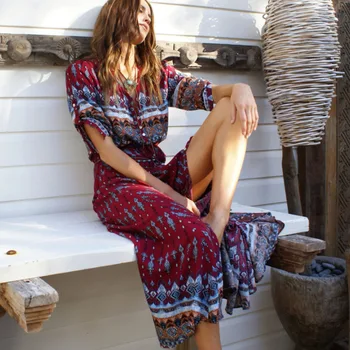 

New Beach Cover Up Swimsuit Print Beach Long Dress Bohemian Bikini Cover-ups Tunics Bathing Suit Women Beachwear Female Swimsuit