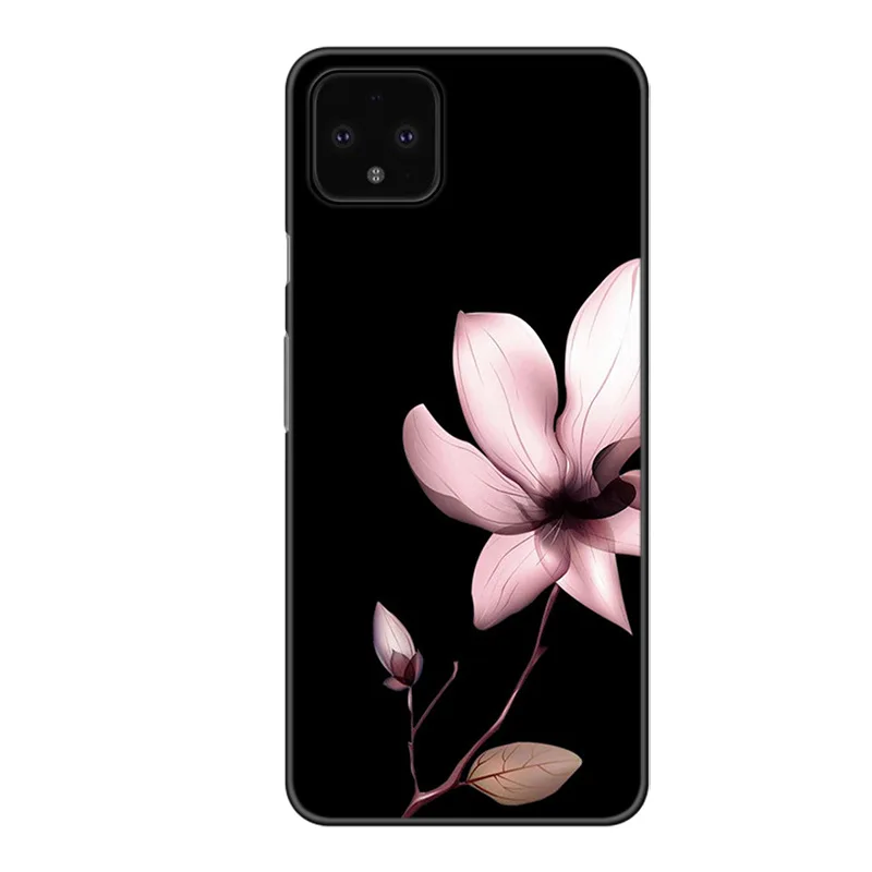 Чехол бампер для телефона Google Pixel 4 XL черный мягкий силиконовый чехол с цветами 2 3