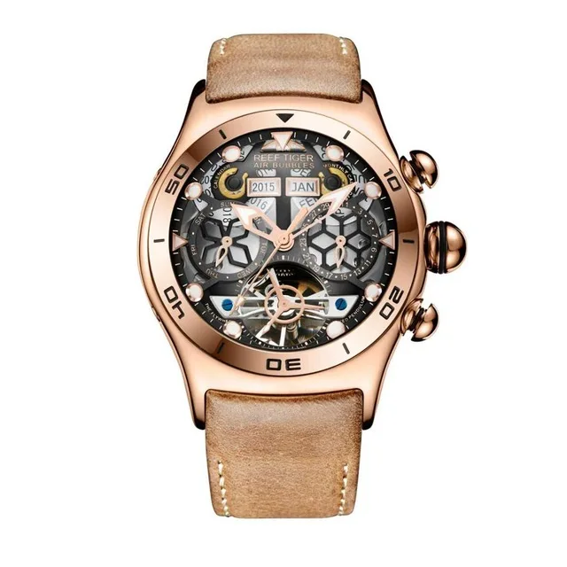 Reef Tiger Роскошные Розовое Золото Скелет Автоматические наручные часы Tourbillon кожаный ремешок часы водонепроницаемые спортивные часы для мужчин RGA703 - Цвет: RGA703-PBS