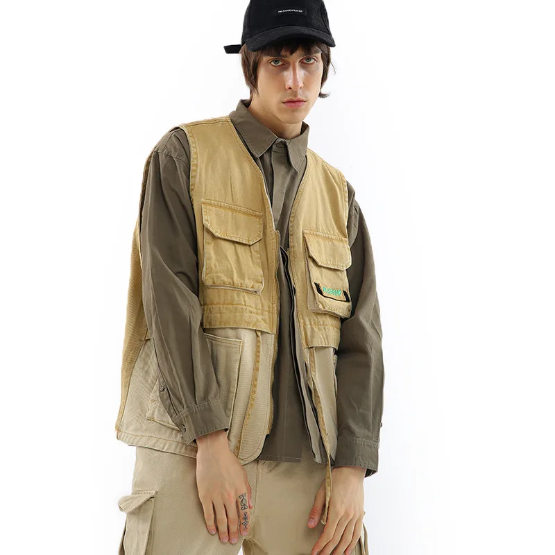 

Cotton Khaki Multi Pocket Waistcoat Vest For Male Tooling Casual Loose Sleeveless Jacket Spring Autumn Zipper Outerwear DS50912