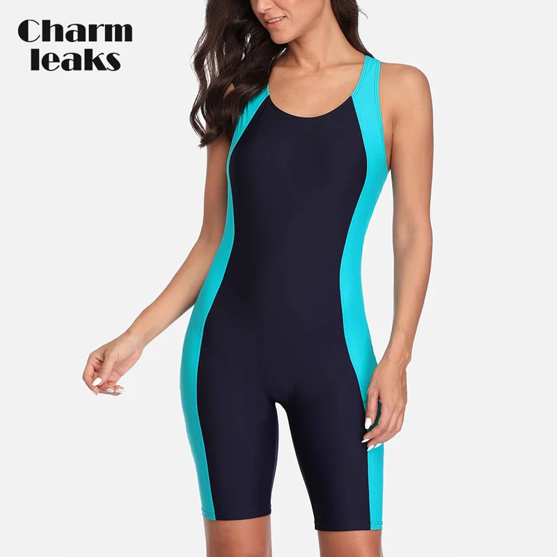 

Charmleaks Womens One Piece Sports Swimwear Pro Sports Swimsuit Boyleg Beach Wear Colorblock Racerback Bathing Suits Bikini