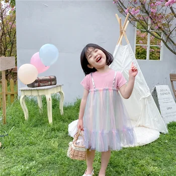 

Baby Girls Candy Color Gauze Dress Fake Two Pieces Summer Short Sleeve Dress