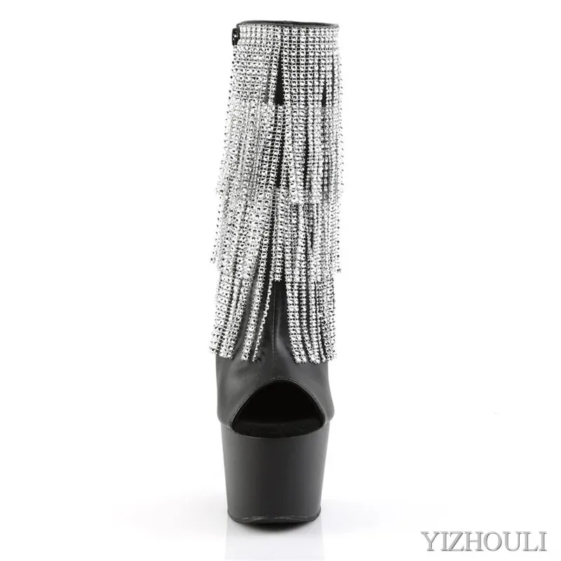 Party pole dancing 15cm ankle boots, sparkly fringed vamp with 6-inch road toe, sexy model, dancing shoes