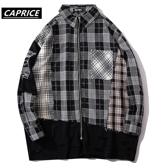 man Distressed Destroyed Holes Color Block Patchwork Pocket Long Sleeve Zipper Plaid Shirt Hip Hop Streetwear Dress Shirts tops