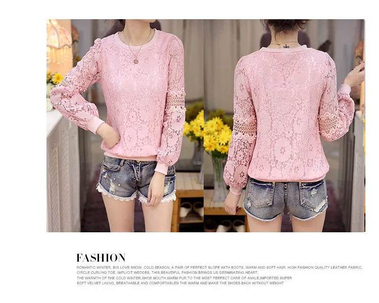 Весна Blusa бисером кружева Топы Блузка с кружевом Harajuku выдалбливают длинный рукав шифон женская рубашка одежда RQ422