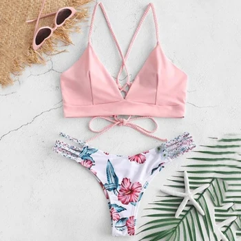 

Sexy Women Bra Set Flower Print Two Piece Swimsuit Sleeveless Swimwear Beachwear Off Shoulder Bra Suits Female Underwear Set