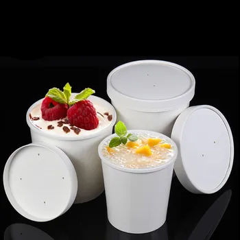

50pcs White kraft paper soup bucket disposable food lunch box takeaway salad meal round paper cup with lid kitchen accessories