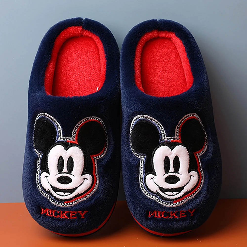 Disney Cartoon Children Winter Cotton Slippers For Boys Girls Mickey Minnie Mouse Prints Plush Home Shoes Casual Nonslip Flats