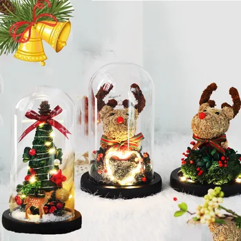 

Artificial Christmas Tree Ornaments Home Decor Dried Flowers Elk Deer in Glass Cover with Lights Gifts for the New Year