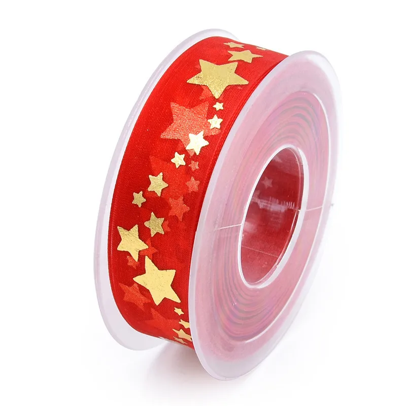 Red-25mm 5 метров 10/25 мм Organza Fabric золотой печатью Рождественская звезда на широкой полоске лентой отделка для рукоделия ремесло Decarotions Рукоделие "сделай сам" с бантиком - Цвет: Red-25mm