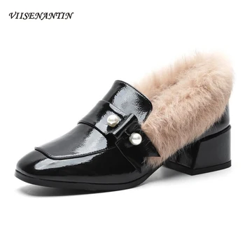 

Gentle Slip-on Patent Leather Pink Mid Thick-heeel Pumps Winter New Square Toe Rabbit Fur High Heels Designer Shoes for Women