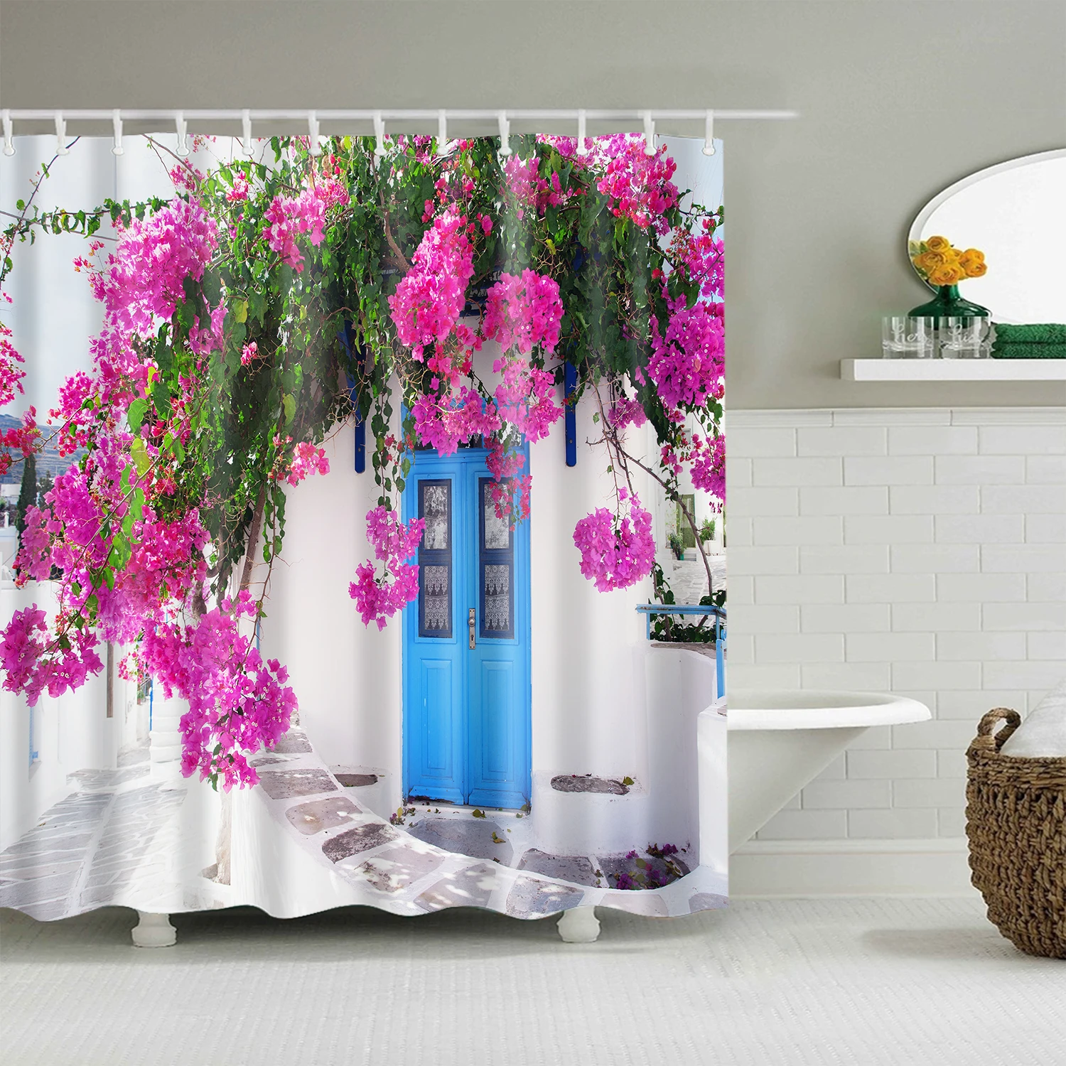 

Flowers Plant Landscape Bathroom Shower Curtains Beautiful Scenery Country Street Scene Print Curtain Set Bathtub Decor Screens