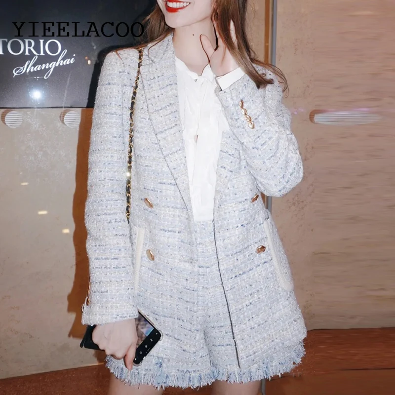 

Blue Jacket +Short Suit Tweed metallic bright silk fabric Autumn/winter Women Jacket Set and Long Sections 2 piece Elegant Set