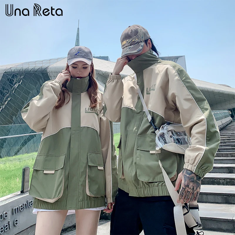 UnaReta куртка пальто Мужская Осенняя новая пара высокого качества ретро ветровка пальто Женская Harajuku свободная хип хоп куртка Мужская Уличная - Цвет: Зеленый