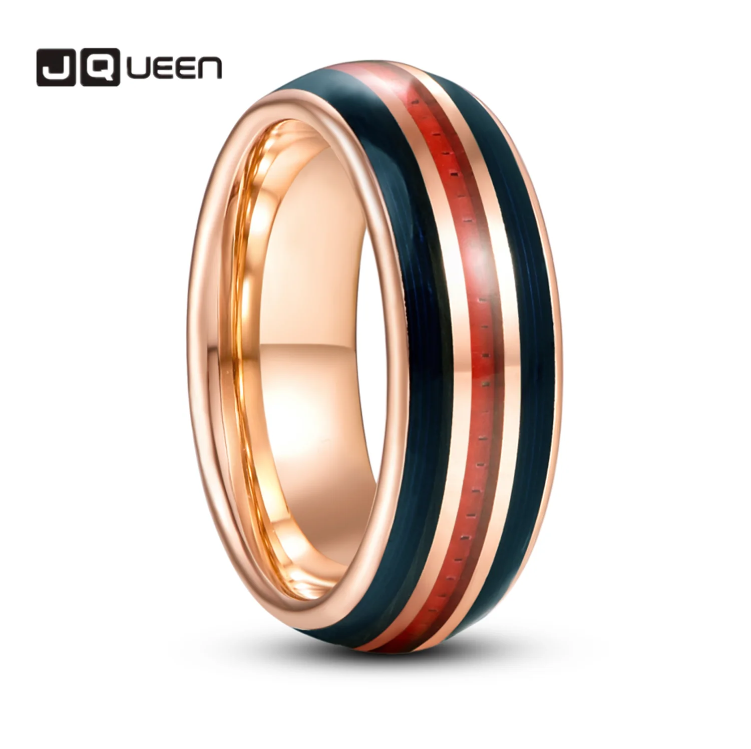 

JQUEEN 8mm Gold Inlaid Black Guitar Strings Red Carbon Fiber Dome Tungsten Carbide Ring Men's Fashion Wedding Jewelry Gift