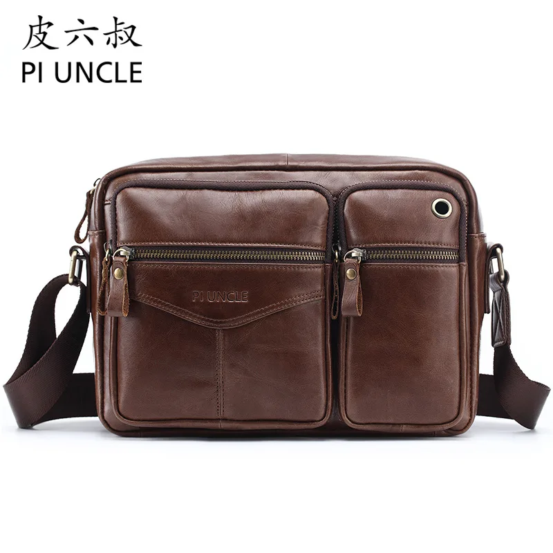 PI UNCLE Brand Cowhide Leather 10' Ipad Pack Casual Men's Messenger Bag Men Shoulder Crossbody Bags