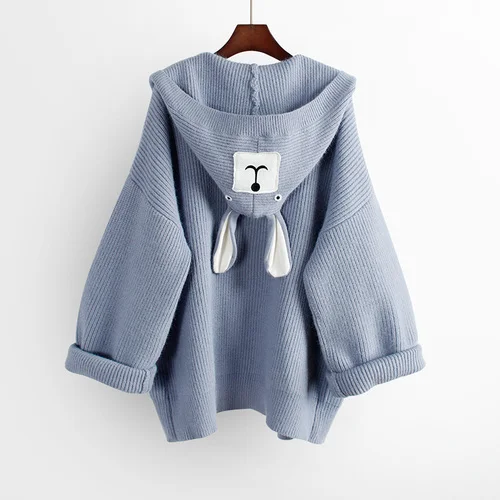 light blue Neploe, женский кардиган с капюшоном, свитер, мультяшная аппликация, свободная, средней длины, трикотажное пальто,, осень, зима, вязанное, открытая стежка, 55403 - Цвет: light blue