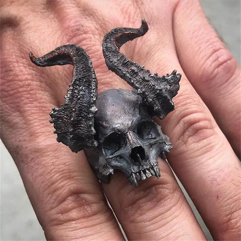 EYHIMD Detail Black 316L Stainless Steel Skull Ring Horned Satan Devil Punk Biker Rings