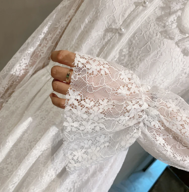 Spring Autumn Maternity Clothes Large Size Long Flare Sleeve Peter Pan Collar Pregnant Women Lace Dress Sweet Empire Dress