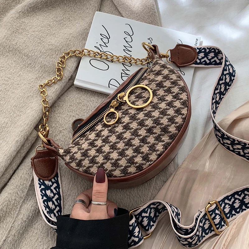 

Louis Brand High Quality Designer Shoulder Wool Hobos Mini Handbag Casual Tote Striped Purses Chest Bag Winter Wide Strap Chain