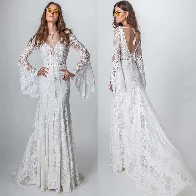 

DREAM Bohemia Lace Beach Wedding Dress 2023 Vintage Boho Backless V-Neck Vestido De Noiva Long Flare Sleeve Wedding Bride Gown